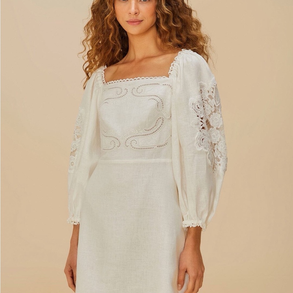 FARM Rio White Linen Longsleeve Dress